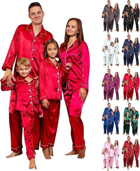 SPANBILTSilk Satin Christmas Pajamas for Family Solid Silk Sleepwear Matching Xmas Pjs for Couples Nightwear Loungewear #affiliate Matching Sleepwear, Christmas Pajamas For Family, Matching Family Christmas Pjs, Holiday Pjs, Family Pajama Sets, Boys Uniforms, Boys Sleepwear, Matching Christmas Pajamas, Look Retro