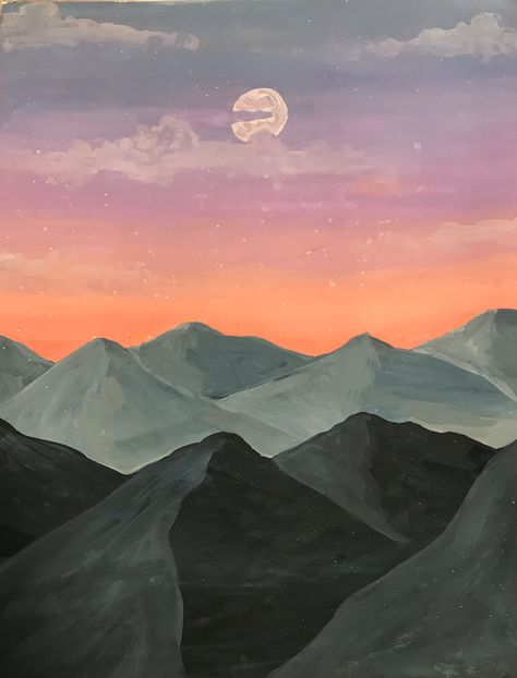 Landscape Paintings Mountain Easy, How To Draw Mountains Landscapes, Simple Acrylic Paintings Mountains, Night Sky Mountains Painting, Mountain Moon Painting, Mountains Drawing Color, Moon Mountain Painting, Simple Mountain Scenery Painting, Easy Mountain Landscape Painting