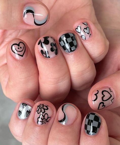 Nail Designs For Short Short Nails, Cute Painted Nail Ideas, Pop Punk Nails, Short Black Nail Designs, Masculine Nail Designs, Painted Nail Designs, Silly Nails, Doodle Nails, Nail Design For Short Nails