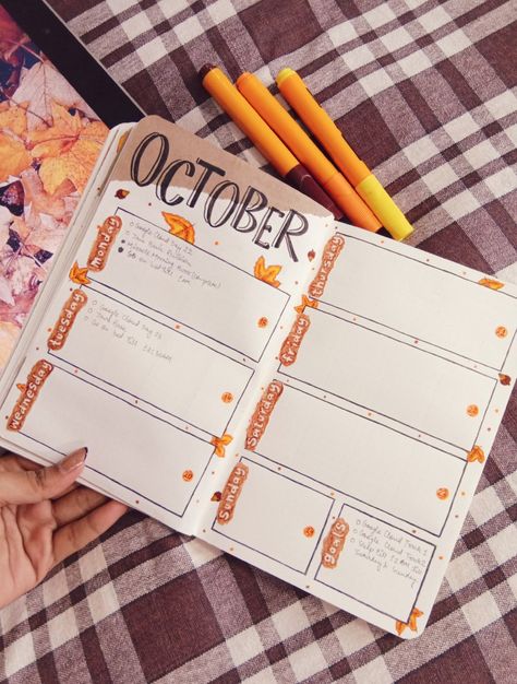 October Weekly Spread Fall Planner Ideas, October Bujo Spreads, October Bullet Journal Weekly Spread, October Planner Ideas, Bujo October Theme, Fall Bujo Theme, Bujo Autumn, Autumn Bujo, Fall Bujo