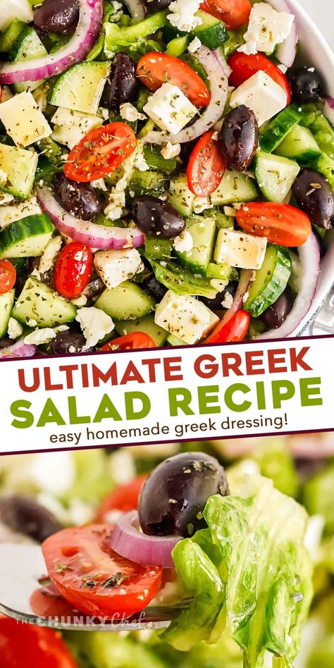 This perfect Greek salad comes together in just 10-15 minutes, and uses a homemade Greek dressing that's so much better than anything from a bottle. Perfect with lettuce or without, it's a delicious summer salad, and a great use for seasonal produce! #salad #greek #homemade Homemade Greek Dressing, Greek Salad Recipe, Mediterranean Diet Recipes Dinners, Greek Dressing, Greek Salad Dressing, Easy Mediterranean Diet Recipes, Fresh Salad Recipes, Greek Salad Recipes, Best Salad Recipes