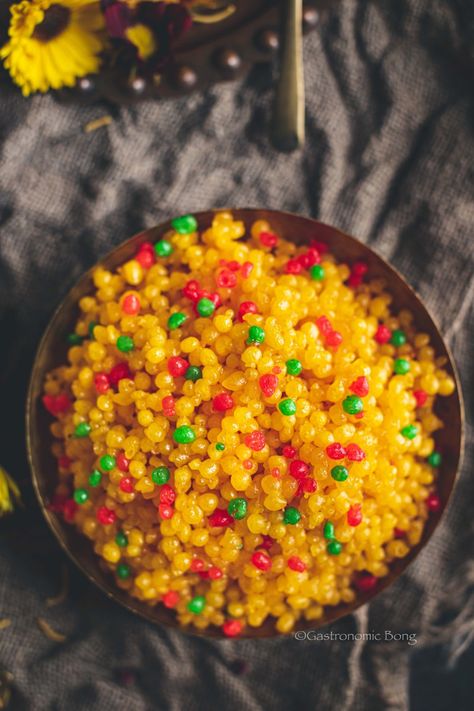 Sweet Boondi (Meethi Boondi) - Gastronomic BONG Sweets Images Indian, Sweet Boondi Recipe, Indian Sweets Photography, Copycat Crumbl Cookie, Boondi Recipe, Cookies Recipes Chocolate, Crumbl Cookie Recipe, Sweets Photography, Delicious Food Image