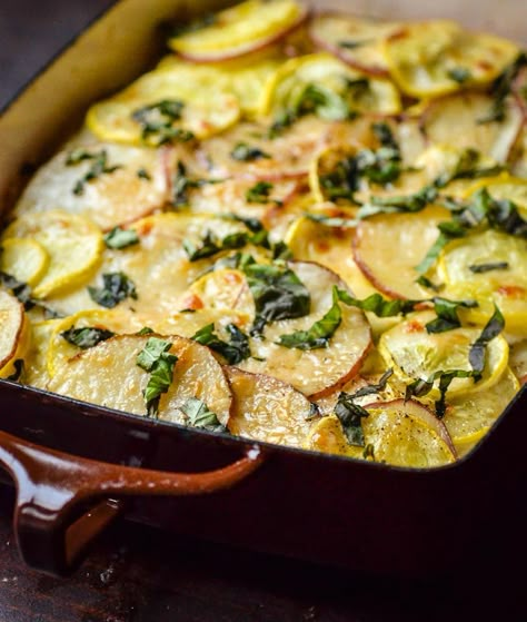 Potato, Squash & Goat Cheese Gratin Squash Potatoes, Squash Goat Cheese, Potato Squash, Gratin Recipes, Cheese Gratin, Great Vegetarian Meals, Squash Gratin, Dansk Kobenstyle, Summer Squash Recipes