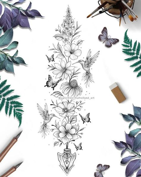 Feminine Flowers, Flower Spine Tattoos, Tattoos To Cover Scars, Garden Tattoos, Pretty Hand Tattoos, Fairy Tattoo Designs, Fine Line Tattoo, Floral Tattoo Sleeve, Tattoo Stencil Outline