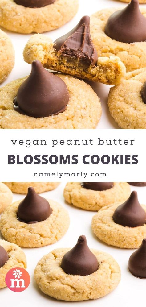 Soft and tender vegan peanut butter blossoms cookies offer bite-size deliciousness infused with peanut butter and chocolate.

#vegancookies #veganpeanutbutterblossoms #peanutbutterblossoms #namelymarly Vegan Peanut Butter Blossoms, Peanut Butter Blossoms Cookies, Blossoms Cookies, Vegan Pot Pie Recipe, Vegan Ganache, Vegan Peanut Butter Cups, Vegan Pot Pies, Peanut Blossoms, Christmas Cookie Recipes Holiday