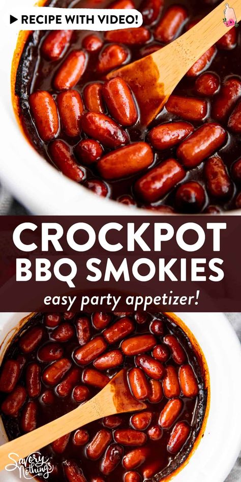 Need an easy snack or appetizer? Try my recipe for these 3 ingredient little smokies! They simmer in a delicious sauce in your crockpot and always vanish so fast. Add a little heat with chili flakes if you like, they're a party hit for sure! | #partyfood #fingerfood #crockpot #slowcooker #crockpotrecipes #gamedayfood #gameday #footballparty #footballfood #footballsnack #gamedaysnacks #superbowlparty #superbowlfood #superbowlsnacks Crock Pot Food For Party, Best Party Snacks Finger Foods, Baby Shower Snack Ideas Finger Foods, Easy Birthday Party Food For Kids, Game Night Snacks Finger Foods, Party Appetizers Simple, Party Side Dishes For A Crowd, Crock Pot Little Smokies, Easy Party Food For A Crowd