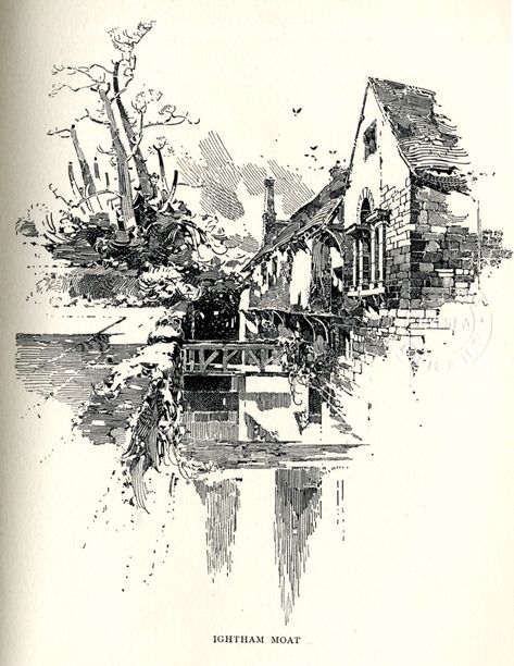 Herbert Railton (1857-1910) - Ightham Moat Ink Drawing Architecture, Pen Architecture Drawing, Ink Art Architecture, River Pen Drawing, Pen Ink Landscape, Charcoal Artwork, Graphite Art, Perspective Drawing Architecture, Cityscape Art