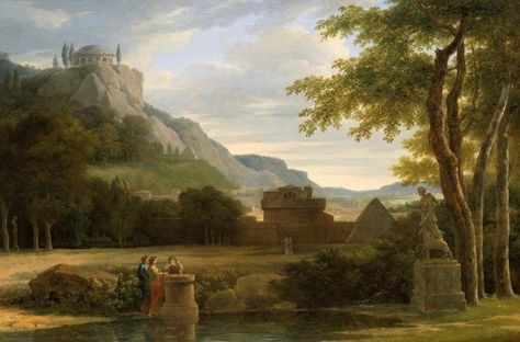 Classical Greek Landscape with Girls Sacrificing Their Hair to Diana on the Bank of a River by Pierre-Henri de Valenciennes (1790) Greek Landscape, Maritime Art, River Painting, History Painting, Landscape Mode, Big Art, Greek Art, Natural Scenery, Cool Landscapes