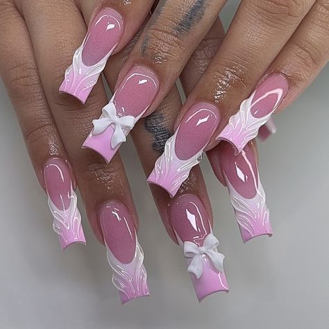 ig: nailsxomari Hard Nails Designs, Pink Freestyle Nails, Basic Nail Art Designs, Uñas Coquette, Basic Nail Art, Ambre Nails, Bow Nail Designs, Basic Nail, Orange Acrylic Nails