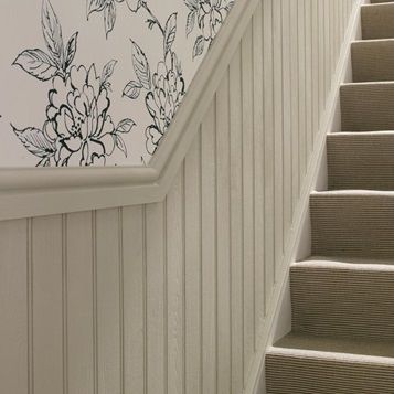 Skirting, architrave and wall panelling can often be overlooked as you contemplate the theme of your home, yet each one can play a vital role in creating a stylish interior. Whether you are creating a striking and contemporary home, or a charming and traditional style, you will find something to complete the look. Wall Panelling Up Stairs, Tongue And Groove Stair Panelling, Tongue And Groove Panelling Staircase, Stair And Landing Panelling, Wall Panelling Hallway Stairways, Tongue And Groove Hallway Stairs, Hallway Panelling Stairs, Wall Panelling Styles, Hallway Panelling Tongue And Groove