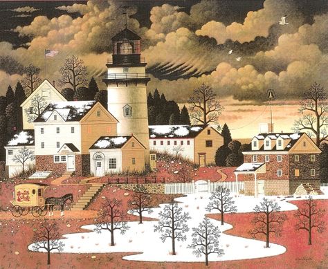 "Twilight Sentinel" Stylised Art, Puzzle Pictures, Charles Wysocki, Americana Art, Arte Folk, Vintage Calendar, Lighthouse Art, Primitive Art, Winter Light