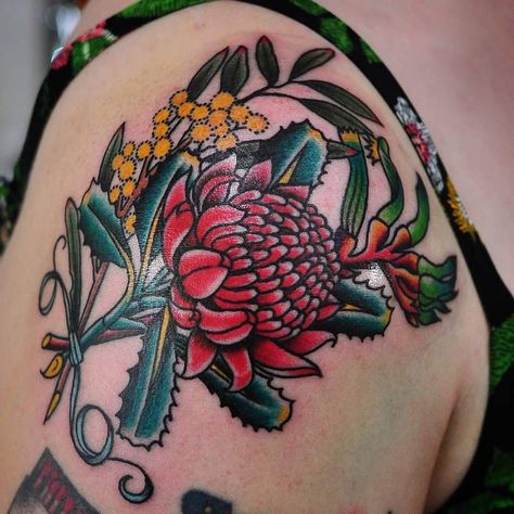 Wattle Flower Tattoo, Waratah Tattoo Fine Line, Waratah Tattoo, Australian Flora Tattoo, Australian Wattle Tattoo, Waratah Illustration, Tattoo Allergy, Australian Tattoo, Butterfly With Flowers Tattoo