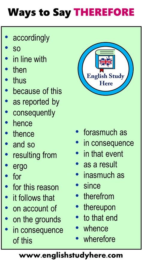 +25 Ways to Say THEREFORE accordingly so in line with then thus because of this as reported by consequently hence thence and so resulting from ergo for for this reason it follows that on account of on the grounds in consequence of this forasmuch as in consequence in that event as a result inasmuch as since therefrom thereupon to that end whence wherefore Ways To Say And, Synonyms For Because, Business Writing Skills, Tatabahasa Inggeris, It Follows, Essay Writing Skills, English Verbs, Interesting English Words, Good Vocabulary Words