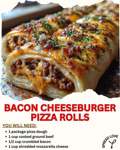 🍔🍕 Bacon Cheeseburger Pizza Rolls - Your New Favorite Game Day Snack! Looking for the ultimate game day or party snack? These Bacon Cheeseburger Pizza Rolls combine all the flavors of a classic bacon cheeseburger with cheesy, savory goodness. Perfect for munching on during the big game, or just because! 👌🔥 🛒 Ingredients: 1 lb ground beef 🍖 8 slices of bacon, cooked & crumbled 🥓 1 pizza dough roll 🍞 1 ½ cups shredded cheddar cheese 🧀 1 small onion, finely diced 🧅 ¼ cup ketchup 🍅 2 tbsp musta... Cheeseburger Crescent Rolls, Cheesy Hot Dog Roll Ups, Garlic Butter Bacon Cheeseburger Rollups, Cabin Treats, Pizza Type Recipes, Stromboli Recipes, Bacon Cheeseburger Pizza, American Pizza, Ultimate Cheeseburger