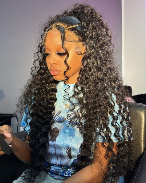 Curly Wig With Braids Black Women, Highlighted Curly Wig Hairstyles, Wig Install Hairstyles Curly, Cute Curly Lace Front Hairstyles, Bow Hairstyle Deep Wave Wig, Highlight Deep Wave Wig Styles, Braids With Curly Leave Out, Leave Out Weave Hairstyles, Curly Wig Hairstyles With Bow