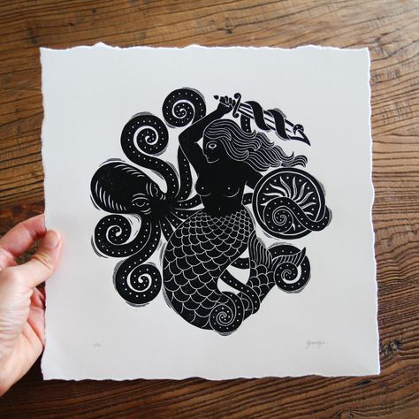 Mythical Creatures on Behance Mermaid Octopus, Linocut Printing, Printmaking Inspiration, Octopus Illustration, Mermaid Images, Engraving Printing, Spooky Tattoos, Tinta China, Vintage Mermaid