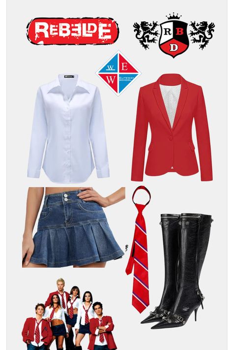 ¡Recrea el icónico uniforme de Rebelde y deslumbra en tus conciertos! Este look inspirado en el uniforme del colegio Elite Way School te transportará directamente a la era de RBD. Combina una camisa blanca con una corbata roja, falda de jean y tus botines Rebelde Concert Outfits, Rbd Outfits Ideas, Rebelde Aesthetic, Rbd Outfits Ideas Concert, Concert Outfits Ideas, Rebelde Concert, Rbd Outfits, Halloween Duos, Concert Attire