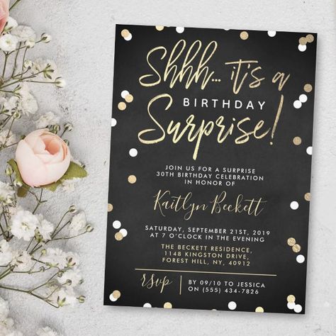 Shhh... Surprise Birthday Party Gold Foil Confetti Invitation 70th Surprise Birthday Party Invitations, Surprise 70th Birthday Ideas, Zazzle Invitations Birthday, 75th Birthday Party Themes, 60th Birthday Party Themes, Surprise 50th Birthday Party, Moms 60th, Surprise 30th Birthday, Confetti Theme