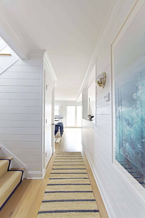 Coastal Hallway, Coastal Bungalow, Beach House Living Room, White Shiplap Wall, Beach House Interior Design, Beach Bungalow, Shore House, Dream Beach Houses, Cape House