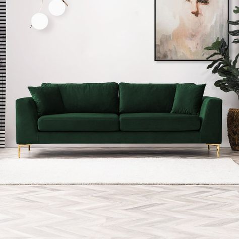 SKU No. SOF-MIL-VEL-GRN Style/Type Contemporary MidMod Sofa / 3 seater sofa General Dimensions 32"H x 90"W x 36"D Seat Height 18"H x 71"W Seat Depth 23"D Arm Dimensions 36"L x 6"W x 25.5"D Weight (lbs) Legs Gold plated Upholstery Color Green Materials Solid wood base, kiln dried Eucalyptus wood, high density foam, flat spring support, Polyester blend. Olive Green Couches, Divan Cama, Mid Century Modern Loveseat, Modern Velvet Sofa, Club Sofa, Green Couch, Modern Sofa Designs, Modern Loveseat, Mid Century Modern Sofa