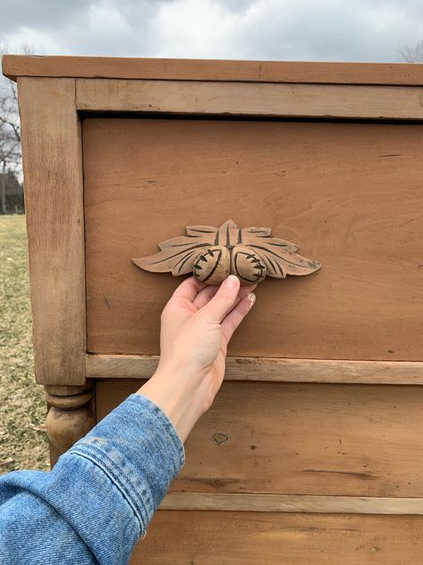 The stripped handles of the antique wooden dresser. Dresser Handles Ideas, Cherry Wood Dresser, Striped Dresser, Staining Wood Floors, Pine Dresser, Walnut Dresser, Antique Restoration, Dresser Handles, Wooden Dresser