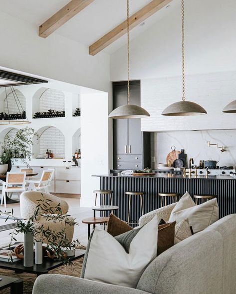 Kristen Forgione - Design (@kristenforgione) • Instagram photos and videos Moody Kitchen Pendant Lights, Moody Living Room Kitchen, The Lifestyled Co 64th Build, The Lifestyled Co Kitchen, Open Airy Kitchen, Modern Scandinavian Living Room Grey, Home Decor Moody, Moody White Kitchen, Asymmetrical Vaulted Ceiling