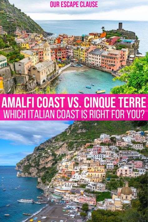 Trying to decide whether to visit the Amalfi Coast or Cinque Terre? Here's how to choose.  #cinqueterre #amalfi #amalficoast #italy #italytravel #travel #travelplanning Travel Sicily, Itinerary Italy, Travel Tuscany, Europe Beach, Travel Venice, Travel Rome, Food Italy, Visiting Italy, Photography Italy