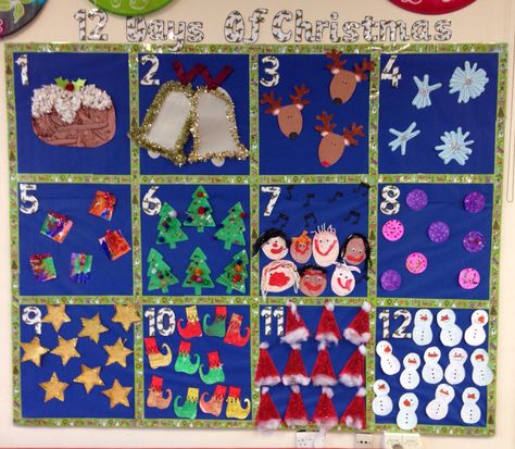 Christmas Nursery Displays, 12 Days Of Christmas Bulletin Board, Christmas Display Boards Nursery, Winter Display Boards Nursery, Christmas Nursery Rhymes, Winter Door Decorations Classroom, Christmas Cuddles, Calender Ideas, Nursery Christmas