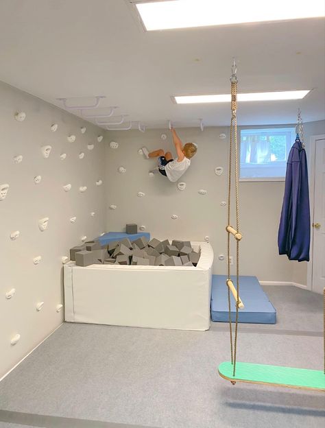 Sensory Kids Room, Custom Playroom, Indoor Jungle Gym, Playroom Inspiration, Indoor Playroom, Climbing Walls, Basement Playroom, Boys Playroom, Kids Basement