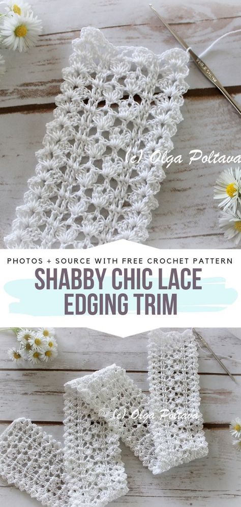 Shabby Chic Lace Edging Trim Free Crochet Pattern #crochetedging Crochet Edging Pattern, Crochet Edges, Beau Crochet, Crochet Edgings, Micro Crochet, Confection Au Crochet, Crochet Edging Patterns, Crochet Lace Edging, Crochet Tips