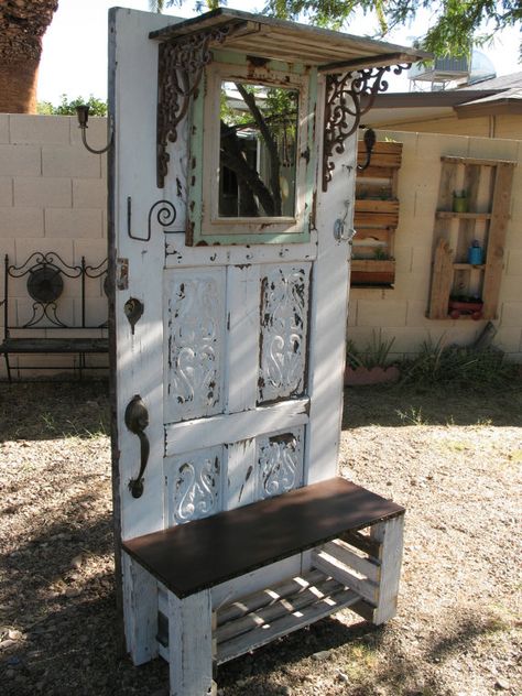 Items similar to vintage door and medicine cabinet, hall ... Horse Barn Doors, Door Hall Trees, Old Door Projects, Outdoor Potting Bench, Reuse Ideas, Cottage Door, Doors Repurposed, Reclaimed Wood Projects, Vintage Doors