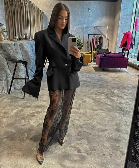 Fall Fashion 2023 Runway, Mugler Blazer Outfit, Black Gown Outfit Ideas, Lace Pants Outfit Classy, Pregnant Going Out Outfit, Mesh Gloves Outfit, Sheer Skirt Outfit, White Lace Outfit, Elevated Outfits