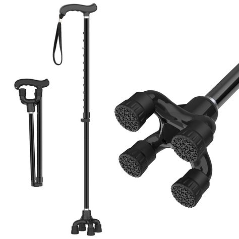 TriPro Walking Cane for Women & Men, Small Base Quad Cane, Pivot Tip,Self Standing,Heavy Duty,Adjustable Folding Cane, 4 Prong Canes for Men & Women, Collapsible Walking Sticks for Seniors & Adults Quad Cane, Folding Cane, Wooden Canes, Walking Cane, Walking Canes, Walking Sticks, Folded Up, Wrist Strap, Quad