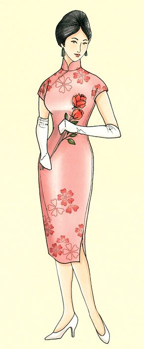 Lady in 50s pink cheongsam Pink Cheongsam, Chinese Dresses, Chinese Dress, Cheongsam, Cartoon Drawings, Fashion Illustration, Disney Princess, Disney Characters, Dresses