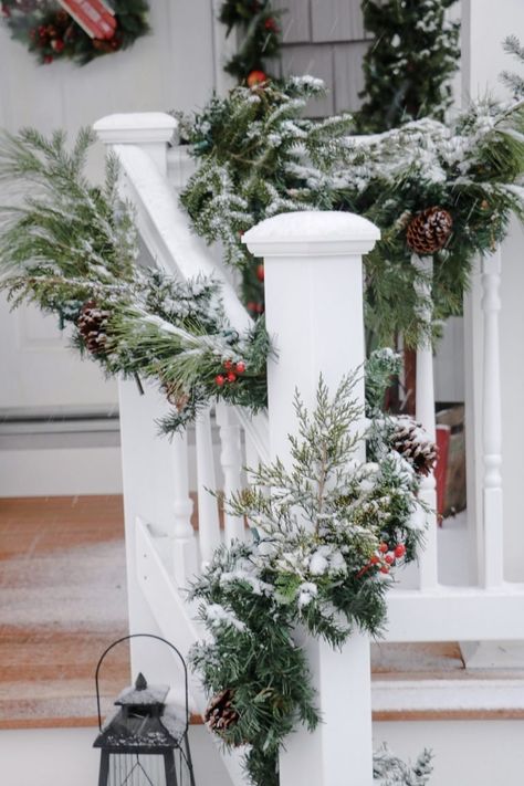 Christmas Porch Railing Decor, Christmas Front Porch Railing Decor, Fresh Garland Christmas Front Porches, Garland On Porch Railing, Christmas Porch Railing Decorating Ideas, Porch Railing Christmas Decor, Vintage Christmas Porch, Porch Christmas Tree, Porch Garland