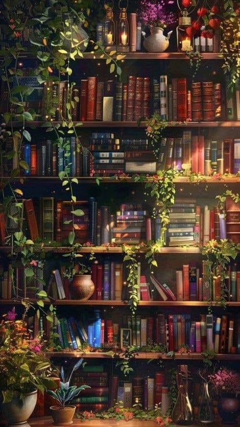 Books Plants Aesthetic, Bookcases Aesthetic, Fantasy Book Wallpaper, Kindle Screensaver Wallpapers, Pretty Bookshelf, Spooky Season Wallpaper, Bookish Wallpaper, Aesthetic Bookshelf, Bookshelf Art