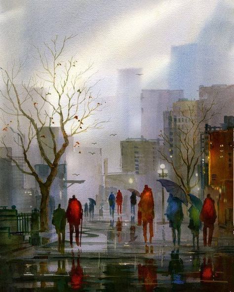 John Ebner is one of my favorite artists.  I think he's so talented.  This piece is called "City Streets".  If you're wondering what city, it's Seattle.  #ReInventingSusan People Walking In The Rain, Watercolor Figures, Rain Art, Watercolor Architecture, Umbrella Art, People Walking, Walking In The Rain, Scene Art, It's Raining