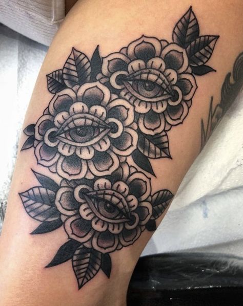 Traditional Folk Flower Tattoo, American Traditional Eye Tattoo, American Trad Flower, Eye Flower Tattoo, Flower With Eye, Trad Flower, Flower Tats, Tattoo Eye, Flower Tat