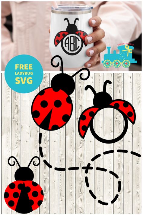 Free ladybug svg files on a wooden background. A woman holding a mug with a ladybug monogram svg example Ladybug Tshirt Ideas, Ladybug Svg Free, Ladybug Svg, Digital Paper Free Download Printables Patterns, Cricut Animals, Joy Svg, Free Digital Scrapbooking Paper, Printable Valentines Day Cards, Svg Monogram