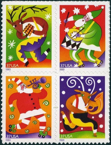 Christmas Issue 2003 4v Sending Postcards, Usa Stamps, Wedding Party Invites, Holiday Music, Stamp Blocks, Vintage Postage Stamps, Vintage Postage, Christmas Stamps, Vintage Stamps