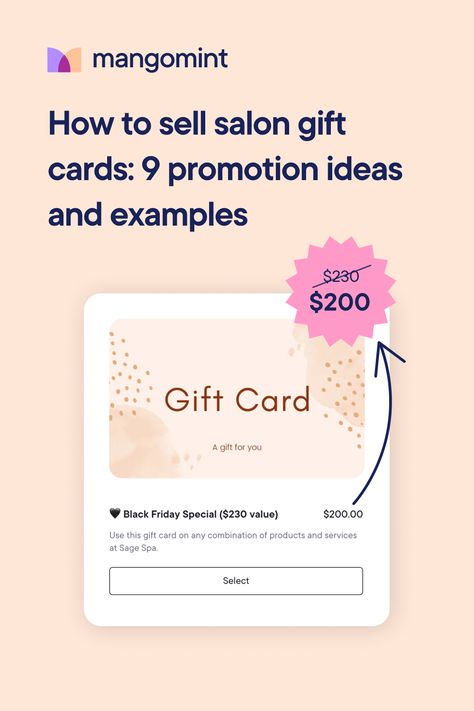 These 9 salon gift card promotion ideas can help you effortlessly increase revenue and maximize sales. Salon gift cards offer an easy way to generate more revenue and earn repeat business. Here are 9 salon gift card promotion ideas to help you get started. #mangomint #spasoftware #salonsoftware #beautyindustry #mangomintsoftware #beautybusiness #spaindustry #hairsalon #medspa #giftcards #membership #promotion #inspiration Gift Card Promotion Ideas, Mint App, Salon Promotions, Salon Gift Card, Promotion Ideas, Salon Software, Advertising Gifts, Holiday Gift Card, Salon Owners