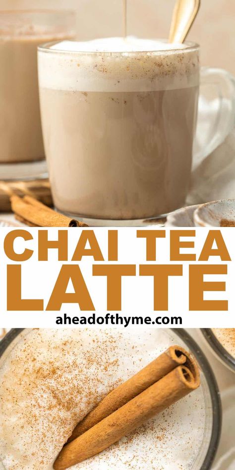 Chai Tea Latte is easy to make at home with aromatic spices, warm foamy milk, and a sprinkle of cinnamon. Just as delicious as the one at from your favorite coffee shop — if not better! Homemade chai tea lattes might be just what you need to warm up. This simple recipe makes enough for one but can easily be made in larger batches by multiplying the ingredients. It’s also fun to experiment with different iterations of the drink to find your favorite! | aheadofthyme.com #... via @aheadofthyme Chai Latte Mix Recipe, Chai Tea Latte Starbucks, Chai Tea Latte Recipe, Homemade Chai Tea, Tea Lattes, Vanilla Chai Tea, Chai Latte Recipe, Blender Drinks, Homemade Chai