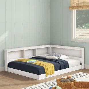 Twin Platform Bed L Shape, Daybed Queen, Coastal Farmhouse Bedroom, Twin Bed Frames, Platform Daybed, Bed With Bookcase, Kid's Bed, Frame Highlights, Kids Bed Frames