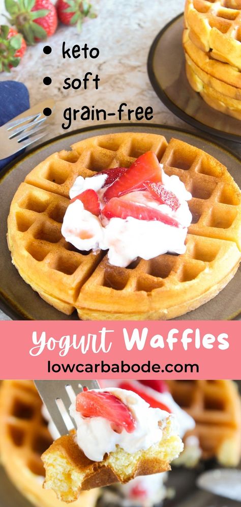 No Carb Waffles, Low Carb Waffles Coconut Flour, Low Carb Belgian Waffle Recipe, Keto Strawberry Waffles, Keto Belgian Waffles, Keto Yogurt Recipe, Yoghurt Waffles, Low Calorie Waffles, Vsg Meals