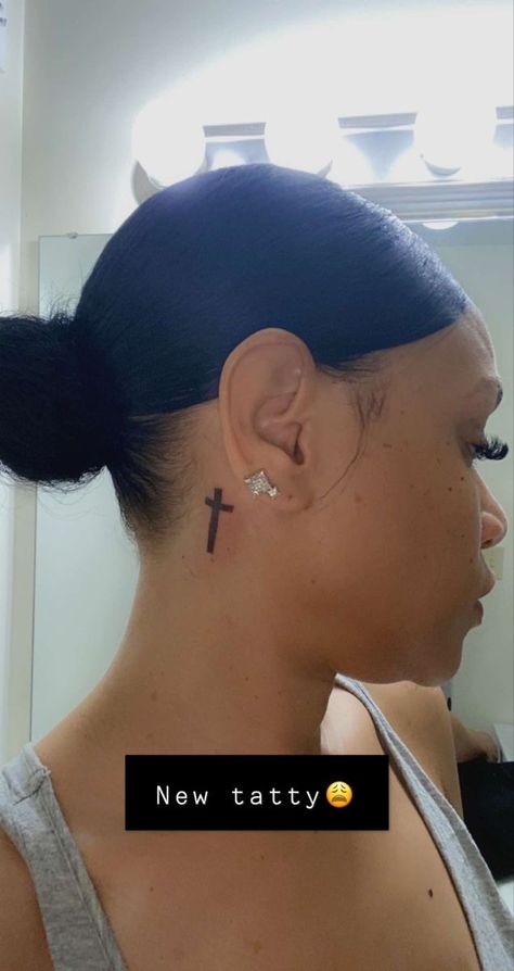 Simple Neck Tattoos, Neck Tattoo Women, Cross Tattoo Neck, Small Neck Tattoos, Girl Neck Tattoos, Side Neck Tattoo, Simple Tattoos For Women, Ear Tattoo Ideas, Cross Tattoos For Women