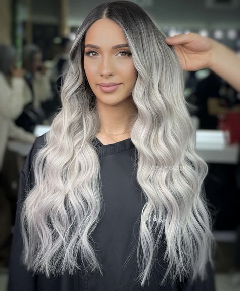 Ice Blonde With Dark Roots, Icy Blonde Hair Color, Ash Blonde Hair Balayage, Blonde With Dark, Mansion Aesthetic, Long Silver Hair, Icy Blonde Hair, White Blonde Hair, Red Hair Inspo