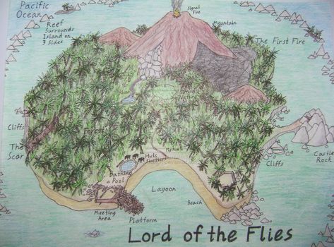 Lord of the Flies Island by Kracatorr.deviantart.com on @deviantART Fly Symbolism, The Lord Of The Flies, Computational Thinking, William Golding, English Projects, Map Projects, Map Activities, Lord Of The Flies, Extra Credit