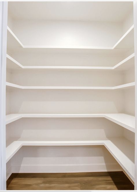 U Shape Pantry Design, Pantry Design With Deep Freezer, Diy Sliding Pantry Shelves, U Shaped Pantry, Shiplap Pantry, Small Pantry Wood Shelves, Pantry Floating Shelves, Sma Shelves For Pantry, Walk In Pantry Ideas Layout