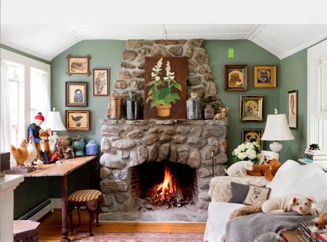 Mint green walls + art + stone fireplace! Cottagecore Fireplace, Cottage Farmhouse Living Room, Rustic Fireplace Decor, Cottagecore Living Room, Farmhouse Fireplace Decor, Cottagecore Living, Living Room New York, Modern Farmhouse Living Room Decor, Farmhouse Living Room Decor Ideas