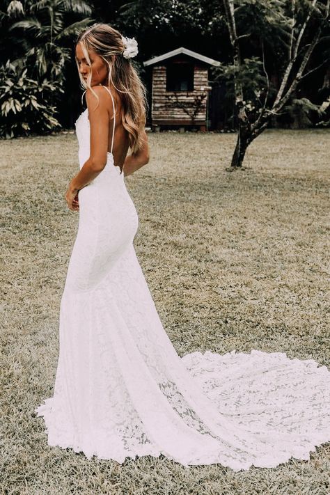 Boho Wedding Dress Low Back, Simple Tight Lace Wedding Dress, Wedding Dresses Lace Fitted Open Backs, Hair Down Low Back Wedding Dress, Wedding Dresses Simple Long Train, Square Neckline Backless Wedding Dress, Simple Lace Boho Wedding Dress, Simple Fitted Wedding Dress Lace, Open Back Boho Wedding Dress